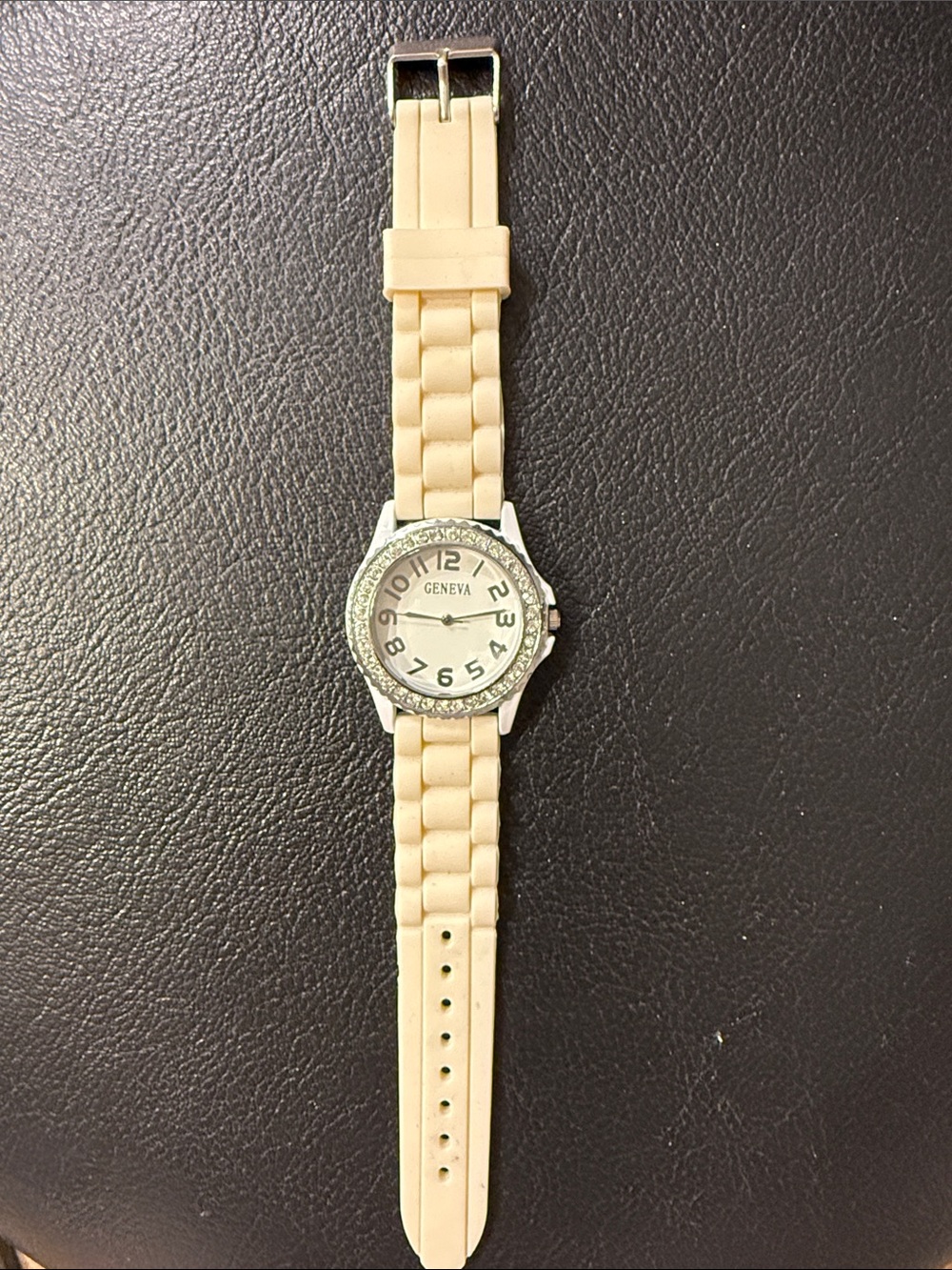Geneva Men’s Cream Silicone Strap Watch with Crystal-Accented Bezel